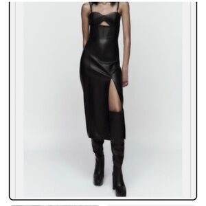 Zara topstitched black  faux leather dress size XS with side slit